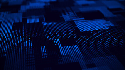 Blue digital futuristic cyberspace. Data storage service. Big data technology concept. Blockchain system connections. Server room. Quantum computer system. 3d rendering of matrix with particles and