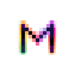 Hologram letter M logo with glitch distorted pixel effect. Color shift design.