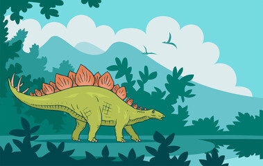 Herbivore stegosaurus on the background of an ancient forest. A strong dinosaur with spikes on its tail. Extinct lizard from the Jurassic period. Vector colorful art illustration