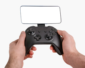 A man playing with a gamepad and smartphone. Hands holding gamepad isolated on white background