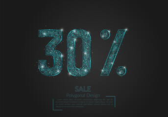Abstract isolated blue 30 percent sale concept. Polygonal illustration looks like stars in the blask night sky in spase or flying glass shards. Digital design for website, web, internet. © Katsiaryna