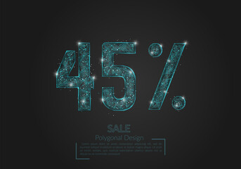 Abstract isolated blue 45 percent sale concept. Polygonal illustration looks like stars in the blask night sky in spase or flying glass shards. Digital design for website, web, internet. © Katsiaryna
