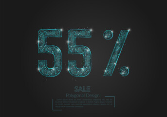 Abstract isolated blue 55 percent sale concept. Polygonal illustration looks like stars in the blask night sky in spase or flying glass shards. Digital design for website, web, internet. © Katsiaryna