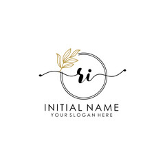 RI Luxury initial handwriting logo with flower template, logo for beauty, fashion, wedding, photography