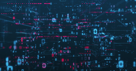 Digital data network illustration depicting binary code calculations and data processing. 
Code digits, lines and abstract point clouds form a complex computer network on a dark blue background. - obrazy, fototapety, plakaty