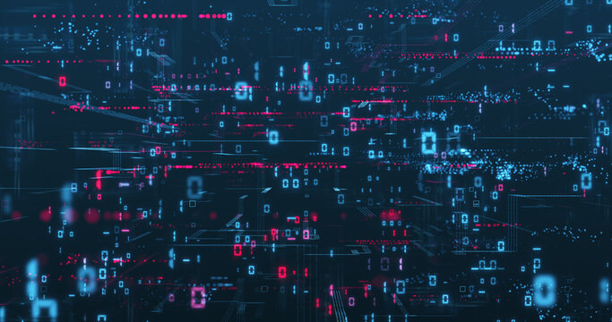 Digital data network illustration depicting binary code calculations and data processing. 
Code digits, lines and abstract point clouds form a complex computer network on a dark blue background.
