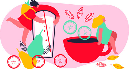 Tiny girl and lemonade. Cartoon flat vector illustration.  Healthy eating, cooking vegetarian food and dieting concept. People and berries, summer harvest. Summer time. 