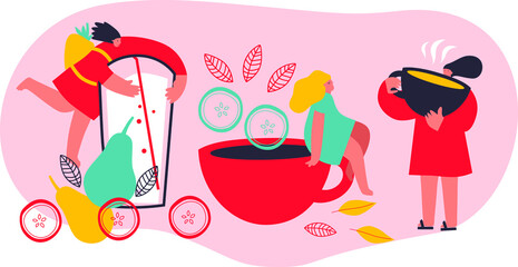 Tiny girl and lemonade. Cartoon flat vector illustration.  Healthy eating, cooking vegetarian food and dieting concept. People and berries, summer harvest. Summer time. 
