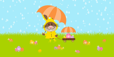 Banner Osterhase Mit Regenschirm Handwagen In Wiese Bunte Ostereier Regen