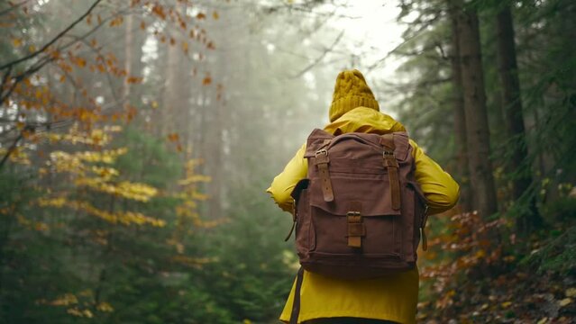 slow motion footage woman in yellow jacket Walks with dog by trail in autumn forest. female hiker with backpack going up through wet wood with yellow leaves. selective focus. traveling in Ukraine