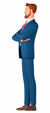 3 d illustration of a smiling businessman. Cartoon side view of a smiling man wearing a blue suit and standing on white isolated background