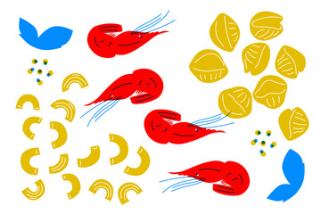 Pasta and seafood abstract vector illustration. Noodle and shrimp ingredients clip art. Cartoon flat style. Can be use for restaurants menu, cover, packaging.