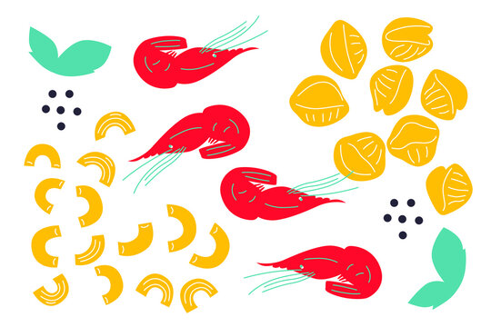 Pasta and seafood abstract vector illustration. Noodle and shrimp ingredients clip art. Cartoon flat style. Can be use for restaurants menu, cover, packaging.