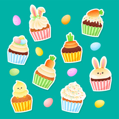 Set of cute Easter cupcake stickers. Bright cartoon illustration of sweet muffins with spring decorations. Vector 10 EPS.