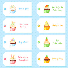 Set of cute gift tags with Easter cupcakes. Bright cartoon illustration of sweet muffins with spring decorations. Vector 10 EPS.