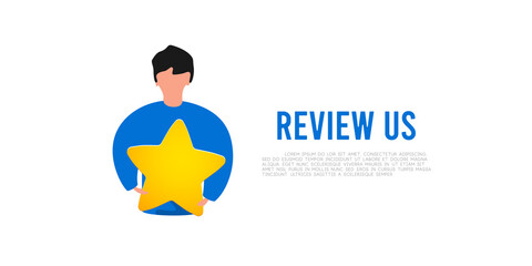 Cartoon man hold yellow star, costumer review illustration