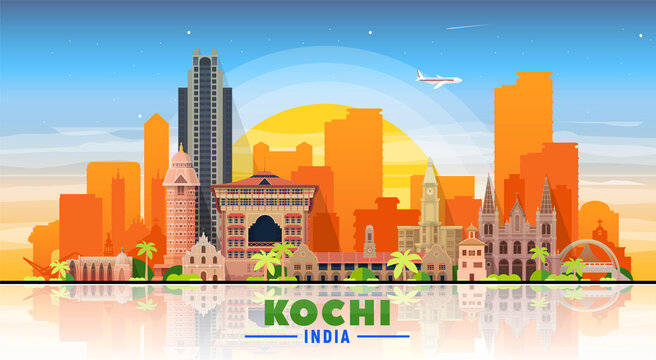Kochi ( India ) city skyline at sky background. Flat vector illustration. Business travel and tourism concept with modern buildings. Image for banner or web site.