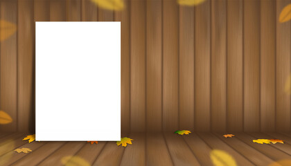 Wood background with Autumn leaves, white paper poster stand on wooden floor textured,Vector illustration 3d studio room,banner template mockup of display for Fall season,Autumnal product presentation