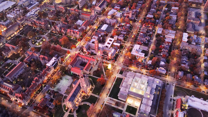 Aerial view of the University of Chicago buildings in Illinois, the USA in the evening