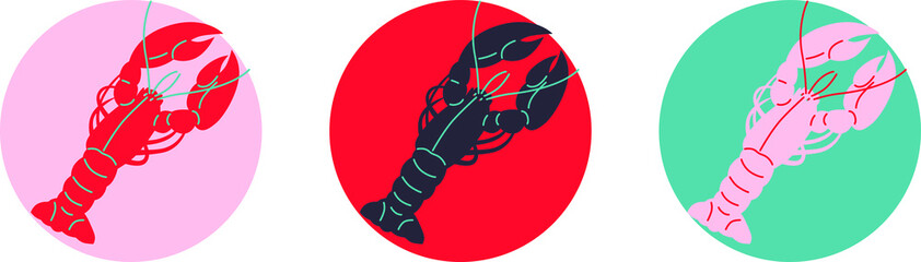 Lobster vector icon hand-drawing. Seafood in flat abstract vector. Seafood concept on blue background. Fish modern still life. Vector design for fish platters, shrimps or lobster, crab. 