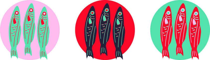 Fish vector icon hand-drawing. Seafood in flat abstract vector. Seafood concept on blue background. Fish modern still life. Vector design for fish platters, shrimps or lobster, crab. 