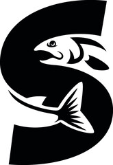 Letter S with Head and Tail of Salmon Fish Negative Space Design