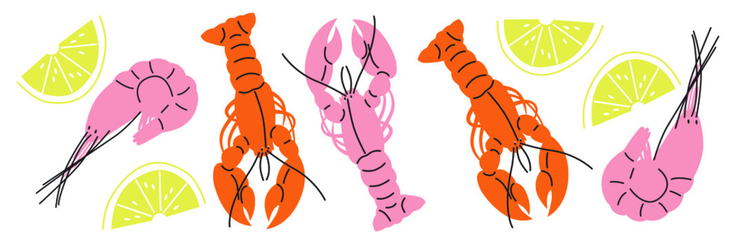  Shrimp, lobster. Seafood vector. Cartoon flat vector seafood ingredients.