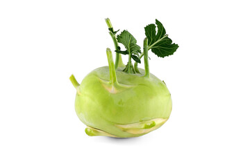 Fresh kohlrabi with green leaves on white