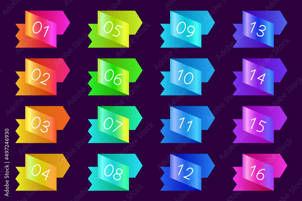 Poster bullet icons with numbers set. gradient bullet points, isolated on a dark background. 3d rendering a