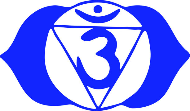 Ajna chakra colored vector symbol. Chakra dark blue, banner, poster. Yoga mantra, energy concept. Hand drawn chakra. Sixth chakra symbol. All elements is isolation.