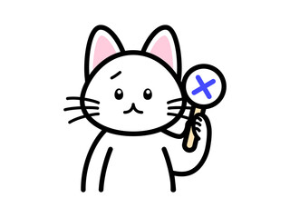 バツのフリップを持つ猫