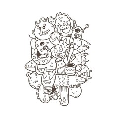 Coloring book antistress with funny creatures. Doodle print with fantasy characters. Line art poster.