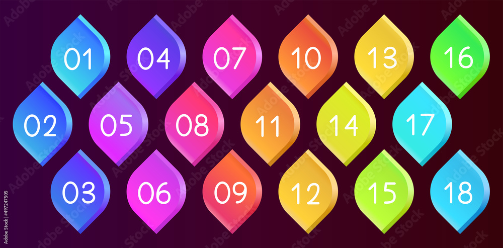 Poster bullet icons with numbers set. gradient bullet points, isolated on a dark background. 3d rendering a