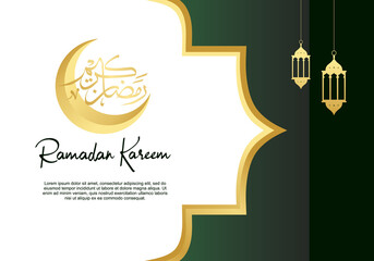Ramadan kareem greeting card background with islamic calligraphy, moon and lanterns.