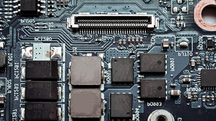 electronic board with surface mounted components close up