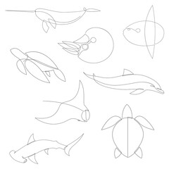 One line sea animals silhouette. Logo design. Hand drawn minimalism style vector illustration. - obrazy, fototapety, plakaty
