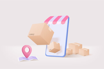 3D online deliver service, delivery tracking smartphone, pin location point marker of map for shipment concept. Product shipping packing out from mobile. Logistic icon 3d vector render illustration