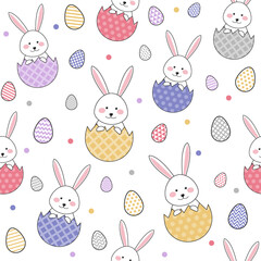 Design of an Easter pattern with smiley bunnies and eggs. Vector