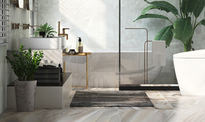 Realistic 3D render bathroom interior design, modern luxury style. Beautiful white ceramic double sink on vanity unit, bath tub, and toilet with partition, Marble wall and floor, Indoors houseplants.