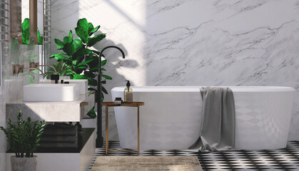 Realistic 3D render bathroom interior design, modern luxury style. Beautiful white ceramic double sink on vanity unit, bath tub with towel, Marble wall and chess pattern floor tiles, houseplants.