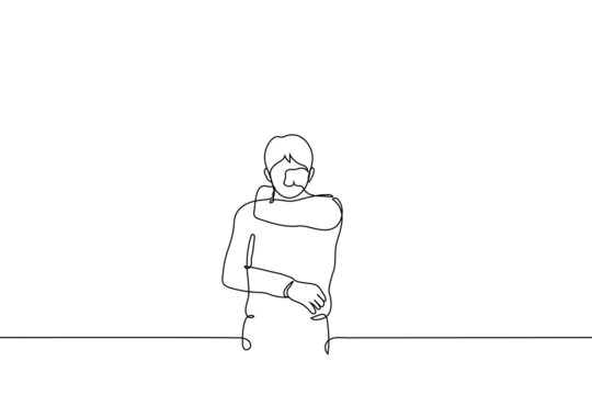 man massaging his own neck from back side - one line drawing vector. concept of self-massage, problems with back and neck from sedentary lifestyle, osteochondrosis