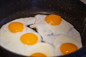 fried eggs from five eggs fried in a frying pan