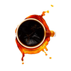 Top view of coffee splash out of a cup isolated on white background.