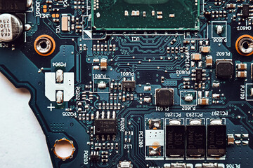 printed circuit board, electronic elements laptop repair, macro