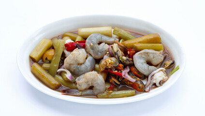 Lotus stem spicy salad with seafood. Thai food recipes