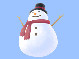 シルクハットとマフラーを身に着けた雪だるまの素材（青背景）