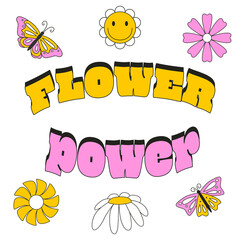 Card with flowers and butterflies in retro doodle style. The typographic phrase Flower power. Color vector illustrations with a stroke isolated on white background