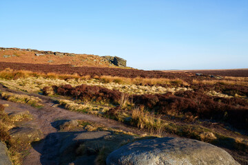 Across the Derbyshire moors towards the Cowper Stone on Stanage Edge