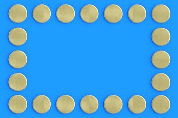 Frame of golden metal heads of nails on blue background. Building equipment. Luxury tool for repair, renovation. Expensive repairs. Top view. Copy space. 3d render