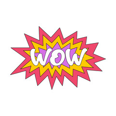 Typographic phrase WOW. A bright text composition with a stroke. Bright color vector illustration isolated on white background.
